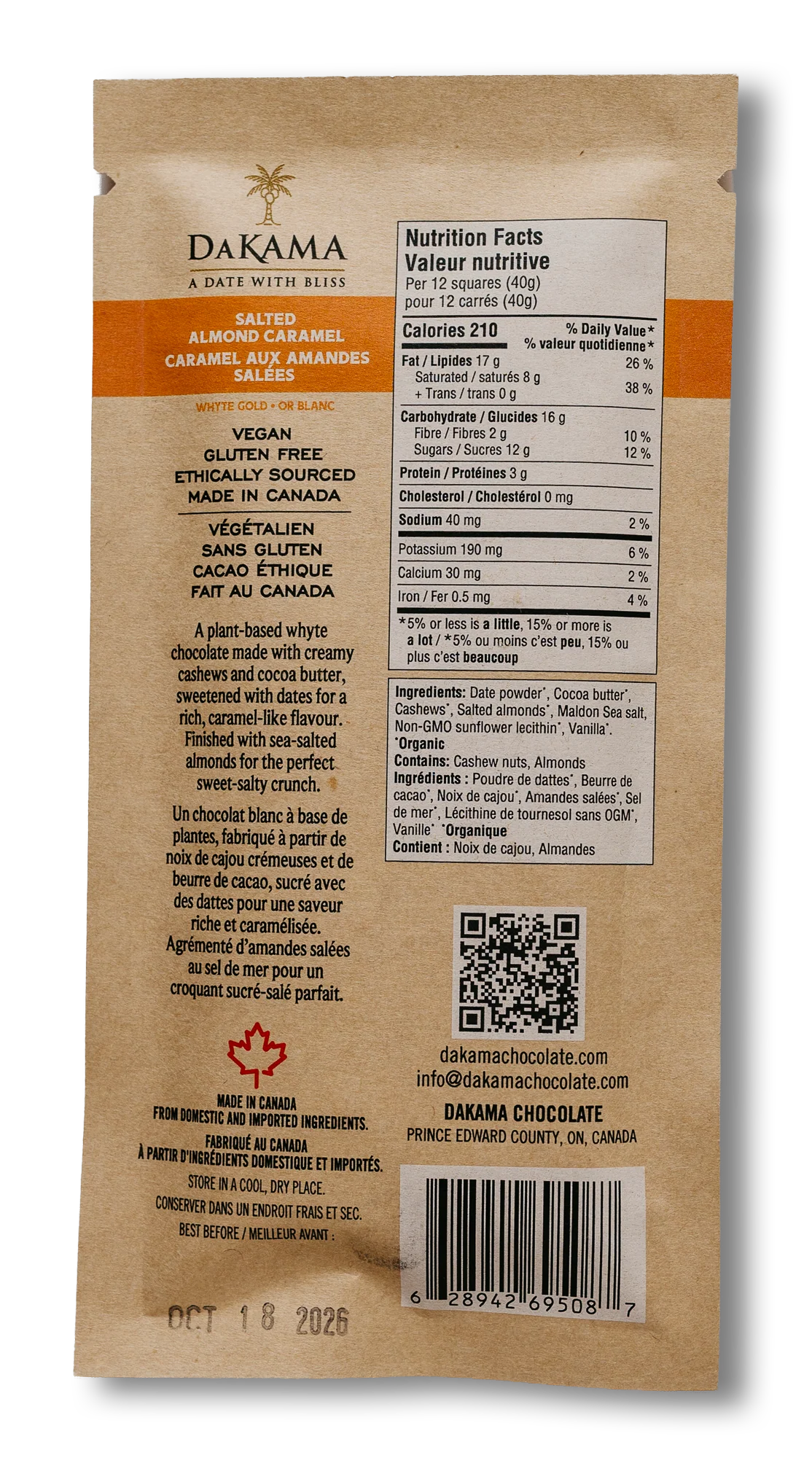 DAKAMA CHOCOLATE: Whyte Gold Salted Almond Caramel