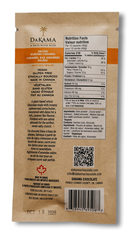 DAKAMA CHOCOLATE: Whyte Gold Salted Almond Caramel